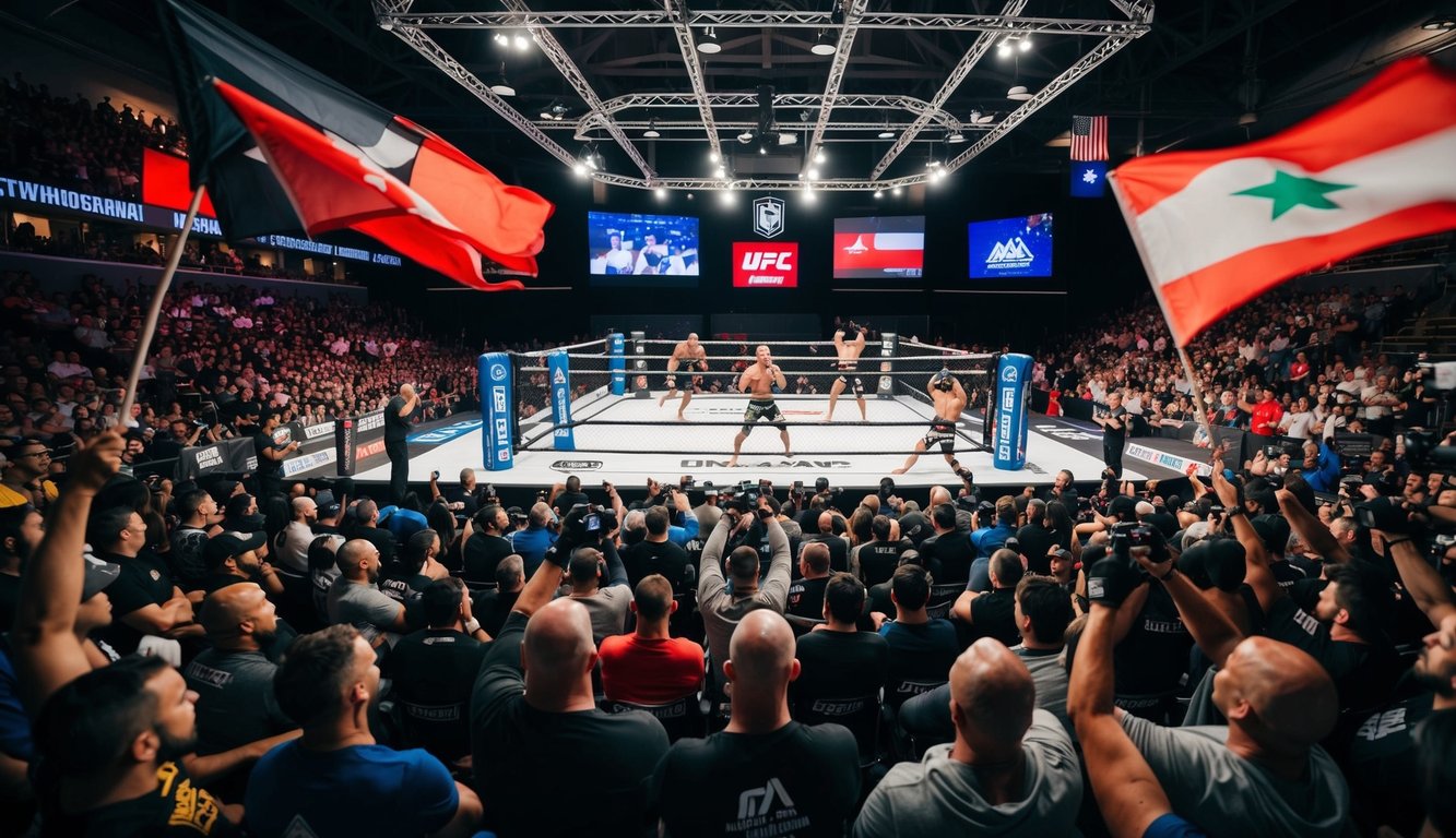 Sebuah arena MMA yang ramai dengan petarung di ring dan penonton yang antusias bersorak dan melambaikan bendera