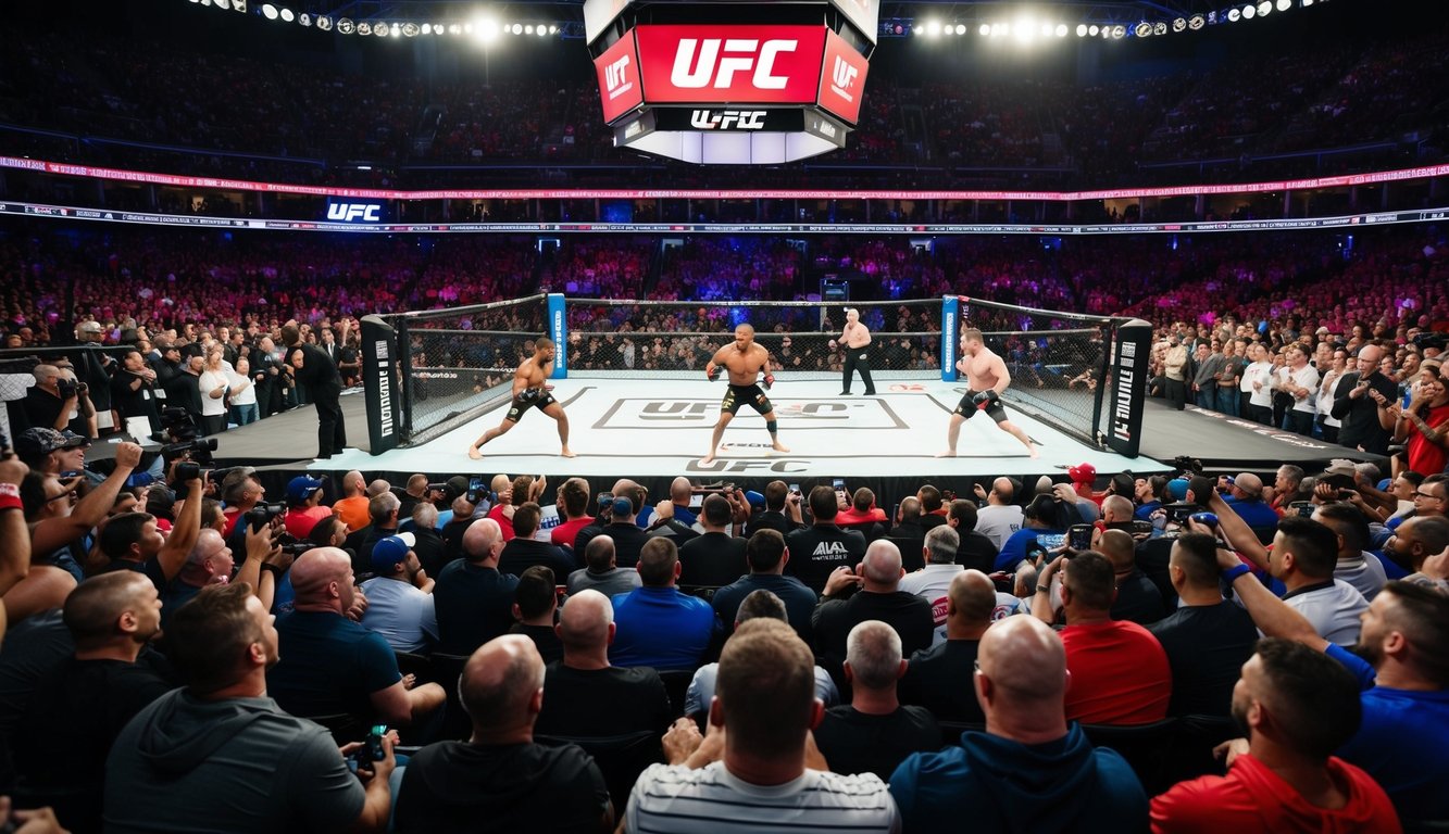 Arena taruhan UFC yang ramai dengan penggemar yang bersorak dan petarung yang intens di ring