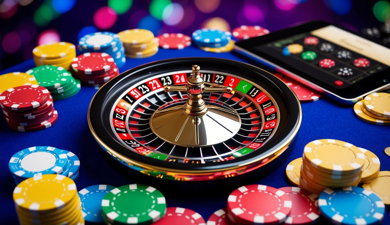 Roda roulette digital berputar di latar belakang bertema kasino yang cerah, dikelilingi oleh chip berwarna-warni dan antarmuka yang ramping