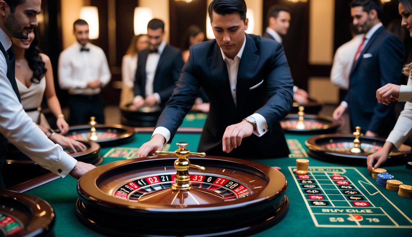 Meja roulette yang ramai dengan pemain yang memasang taruhan dan seorang dealer yang memutar roda. Ruangan tersebut diterangi dengan redup dengan suasana yang mewah dan elegan.