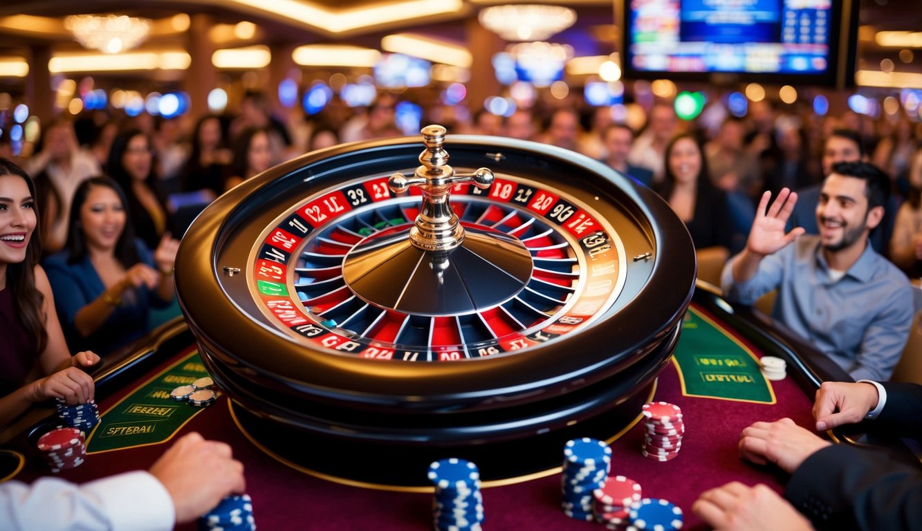 Roda roulette berputar di kasino yang ramai, dikelilingi oleh pemain yang bersemangat dan suara chip yang bergetar.