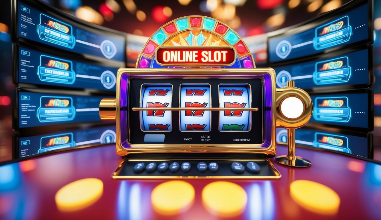 Mesin slot online yang berwarna-warni dan dinamis dikelilingi oleh lapisan fitur keamanan digital