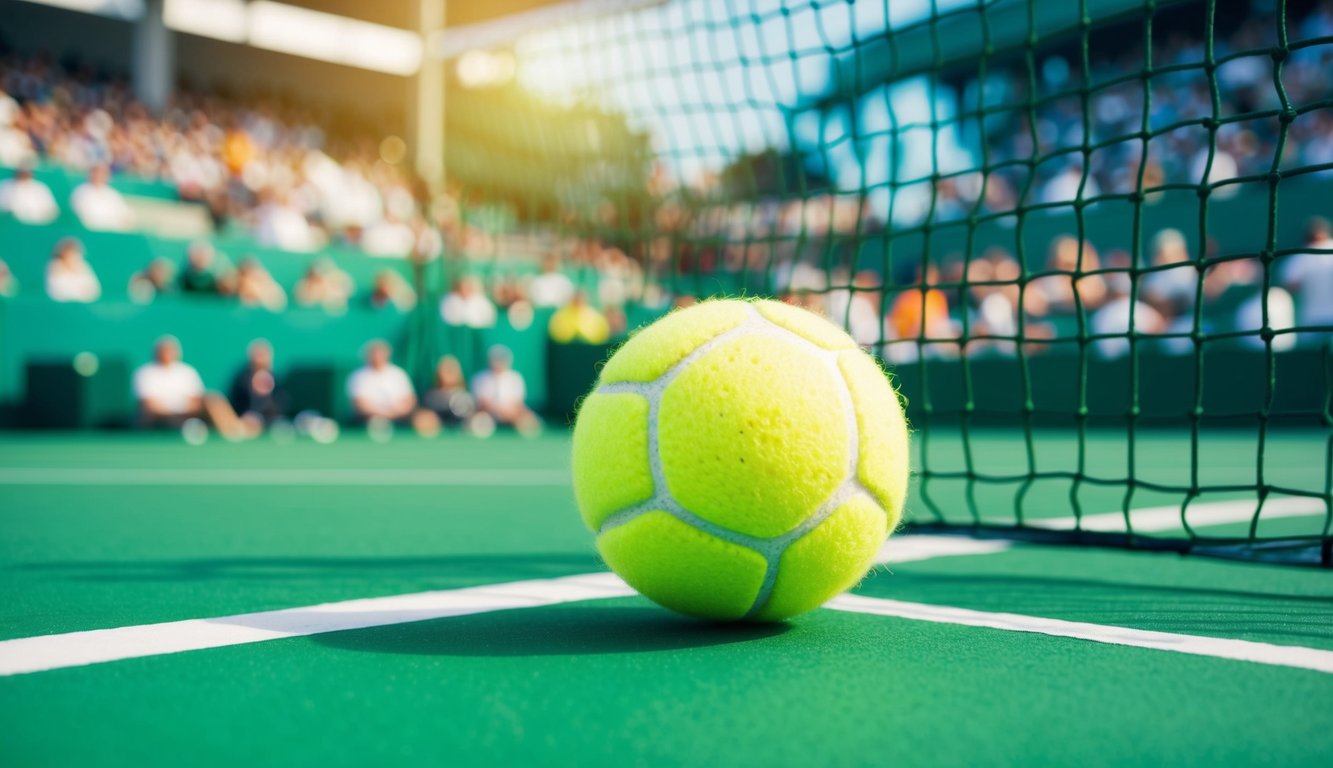 Sebuah bola tenis yang memantul di lapangan hijau cerah, dikelilingi oleh jaring dan penonton di sebuah stadion