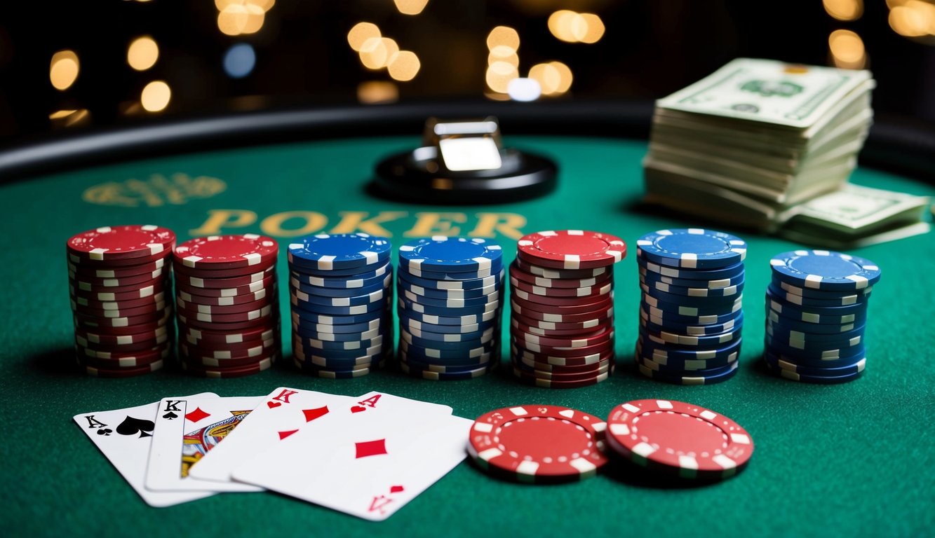 Sekelompok chip poker dan kartu yang disusun di atas meja felt hijau, dengan tombol dealer dan tumpukan uang tunai di latar belakang