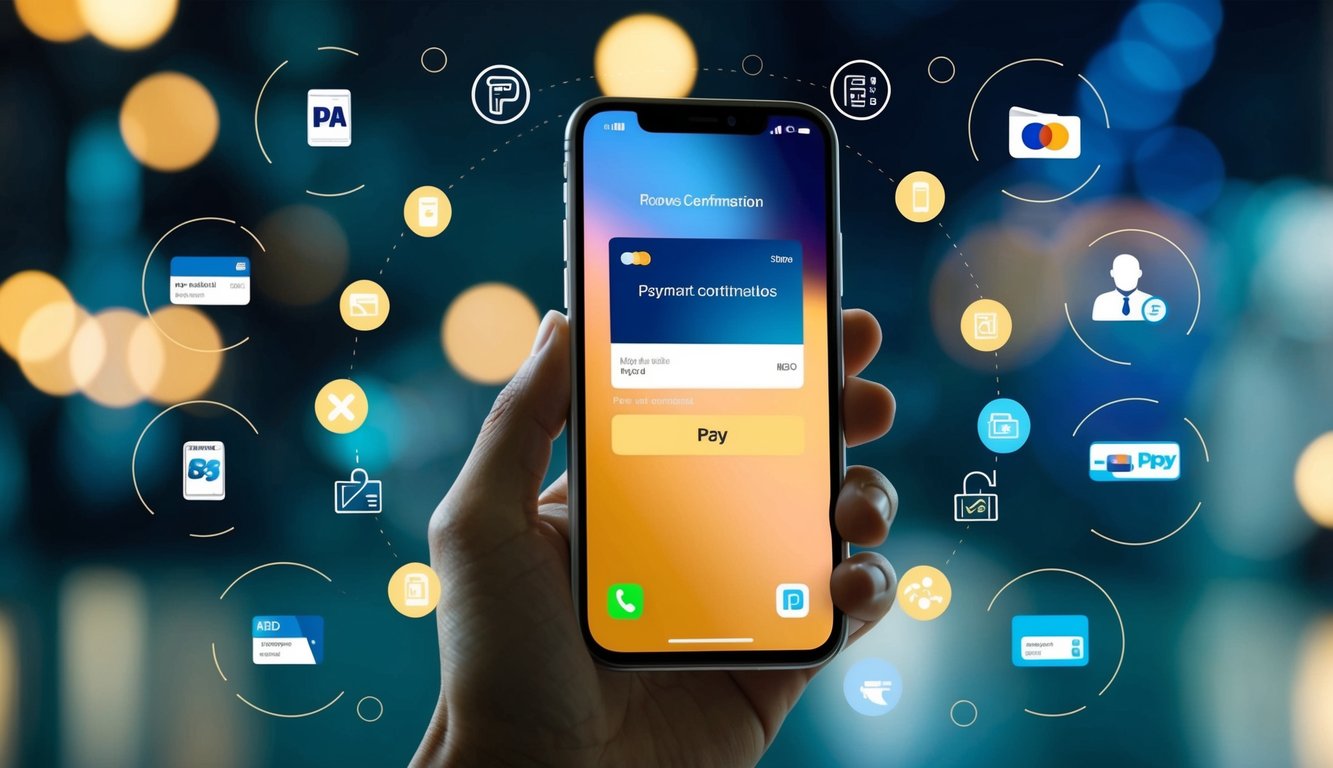 Sebuah ponsel dengan layar yang bersinar menunjukkan konfirmasi pembayaran, dikelilingi oleh berbagai ikon dan simbol yang mewakili berbagai metode pembayaran