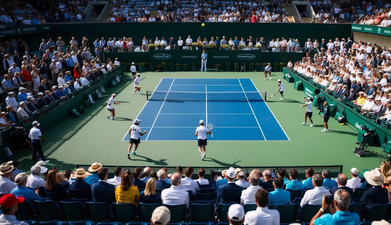 Sebuah lapangan tenis dengan pemain yang sedang beraksi, dikelilingi oleh penonton dan petugas.