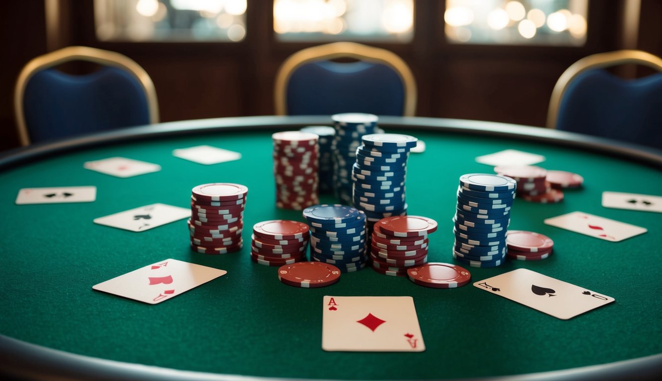 Sekelompok chip poker dan kartu bermain tersebar di atas meja felt hijau, dikelilingi oleh kursi-kursi kosong