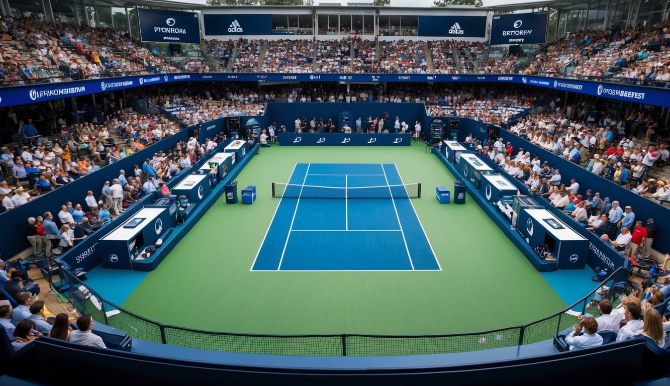 Sebuah lapangan tenis dengan jaring, dikelilingi oleh penonton dan kios taruhan