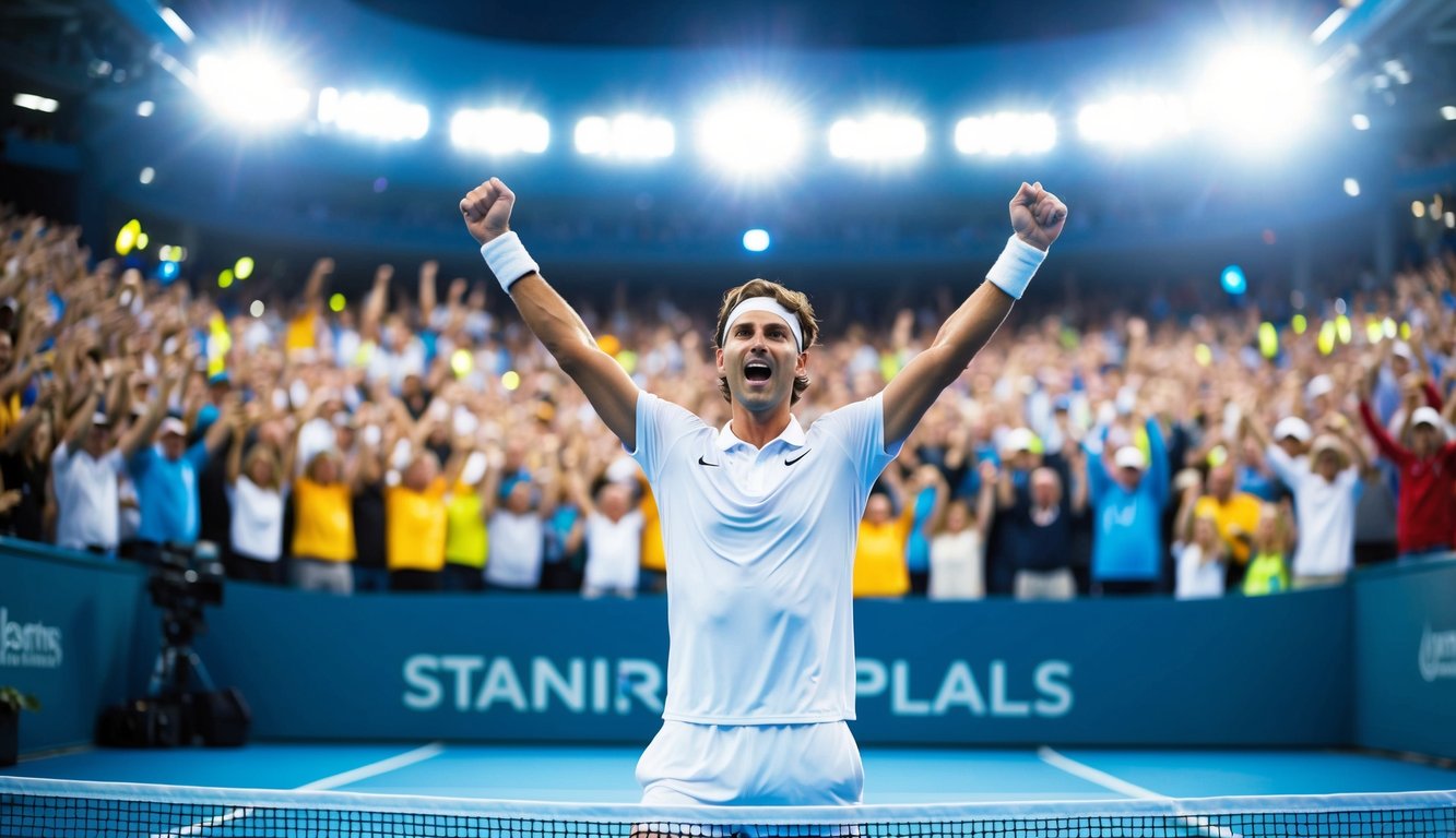 Seorang pemain tenis merayakan kemenangan di lapangan, dikelilingi oleh penggemar yang bersorak dan lampu stadion yang terang.