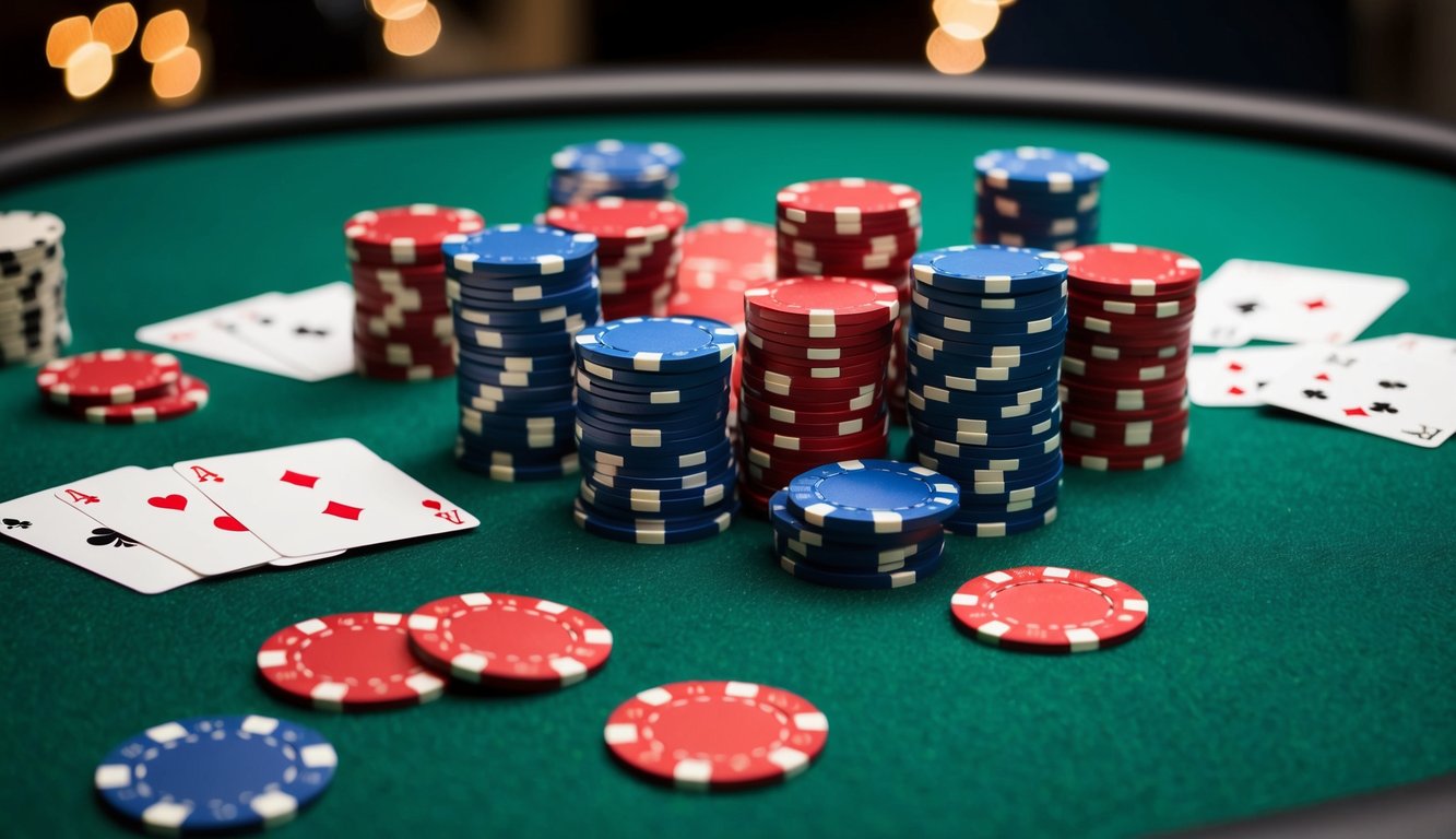 Sekelompok chip poker dan kartu berserakan di atas meja felt hijau