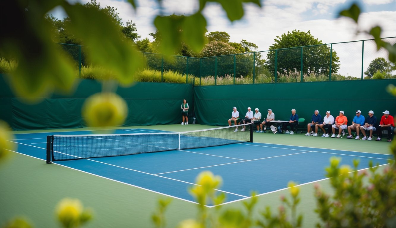 Sebuah lapangan tenis dengan jaring, dikelilingi oleh pepohonan dan penonton