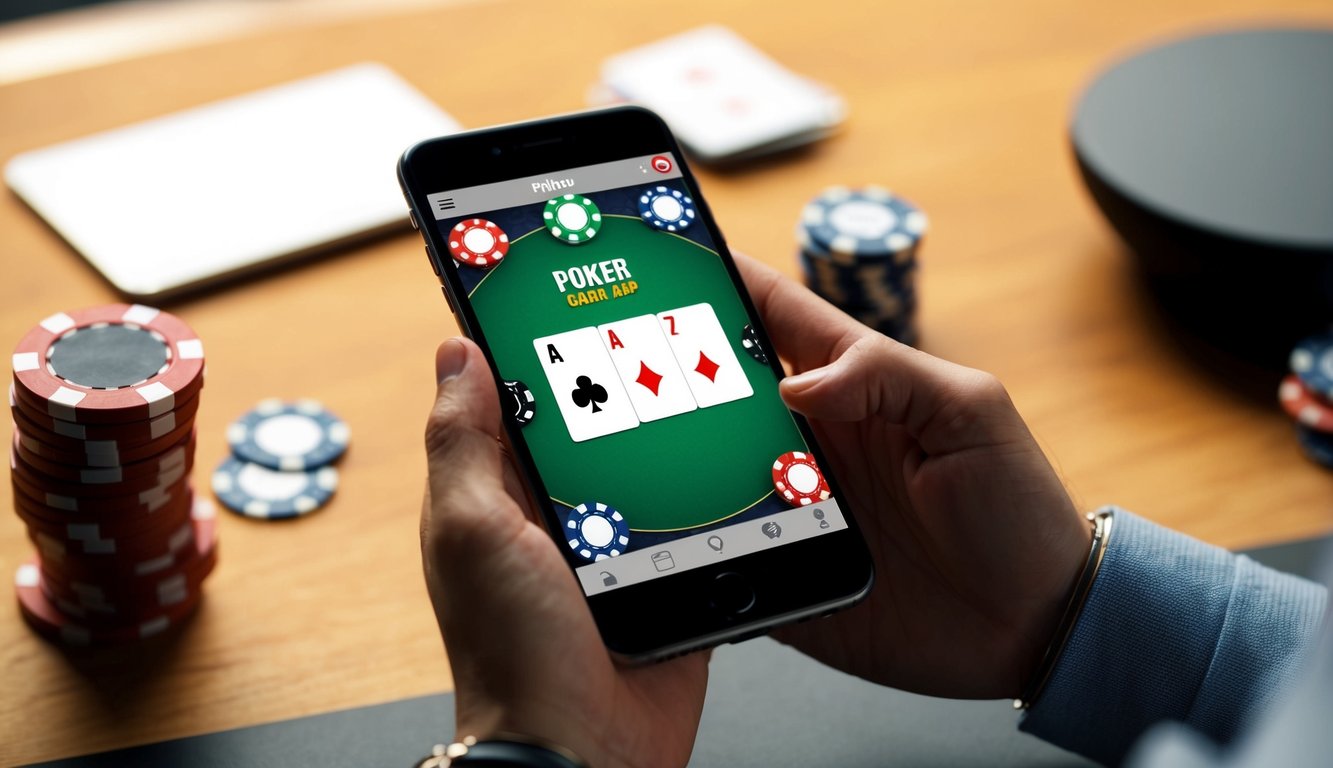 Sebuah smartphone menampilkan aplikasi permainan poker, dengan chip dan kartu virtual di layar