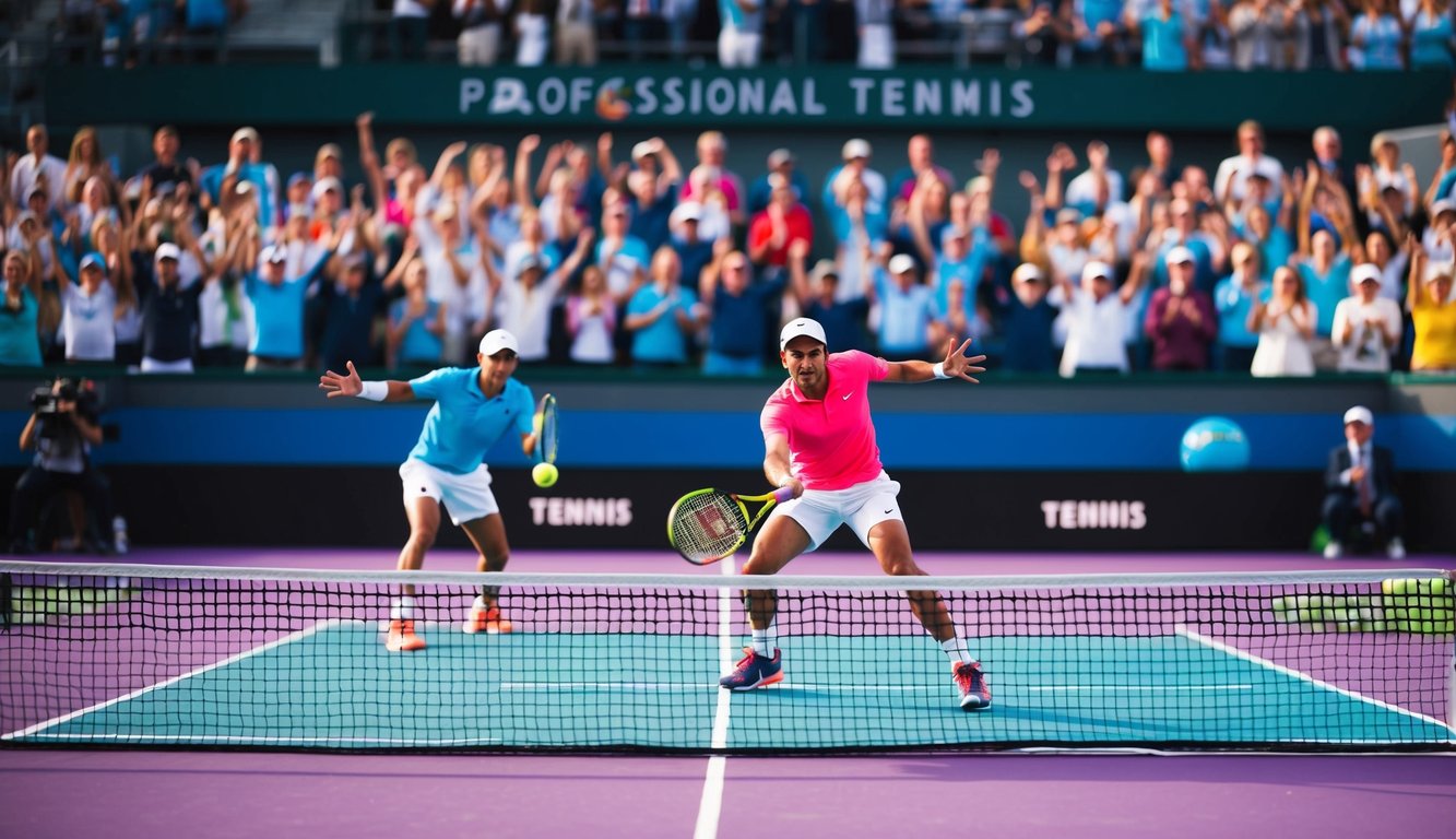 Sebuah pertandingan tenis yang sedang berlangsung di lapangan yang cerah, dengan pemain bergerak dinamis dan kerumunan penonton bersorak di latar belakang