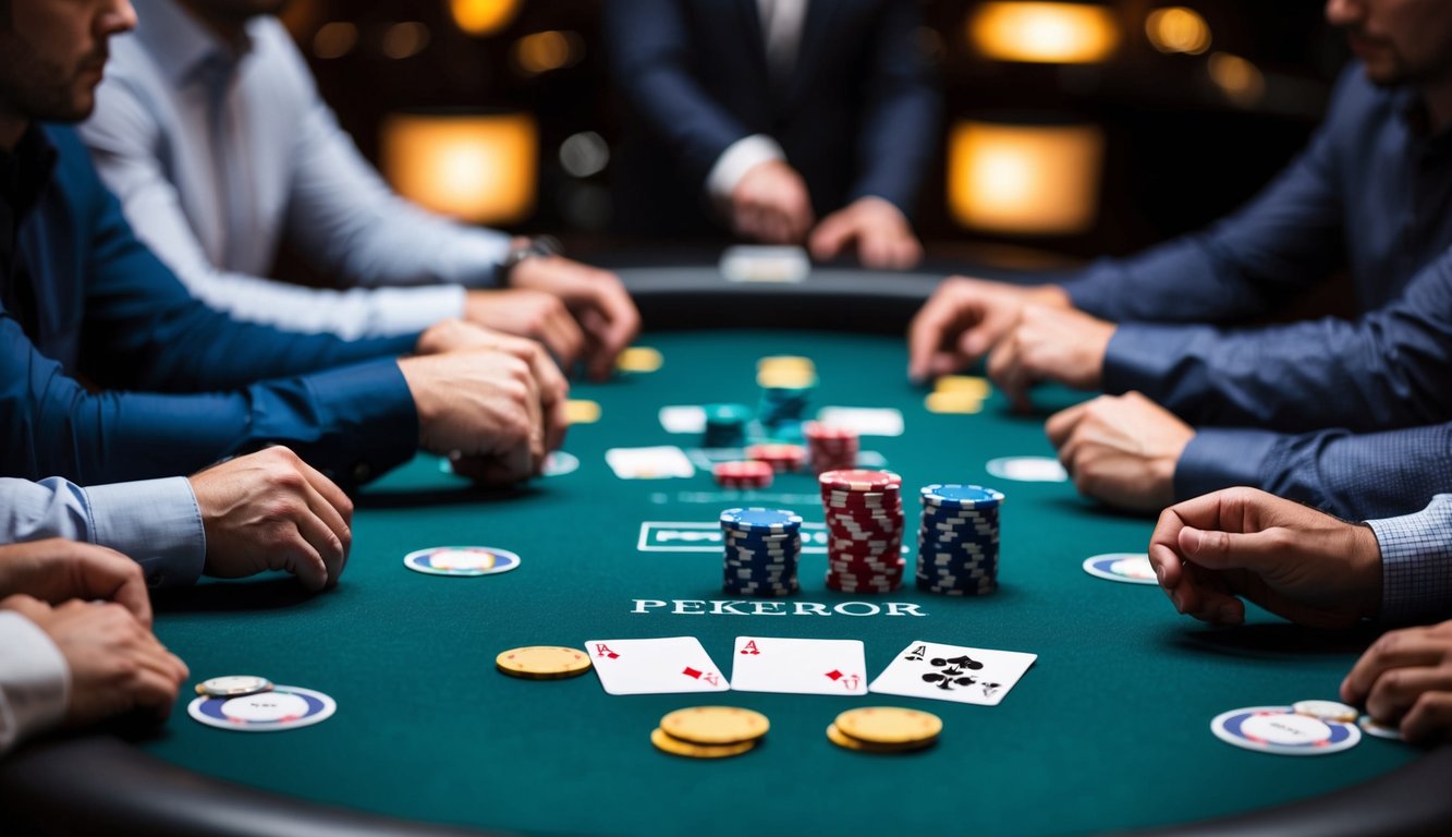 Sebuah meja poker yang tegang dengan chip, kartu, dan pemain yang merencanakan strategi