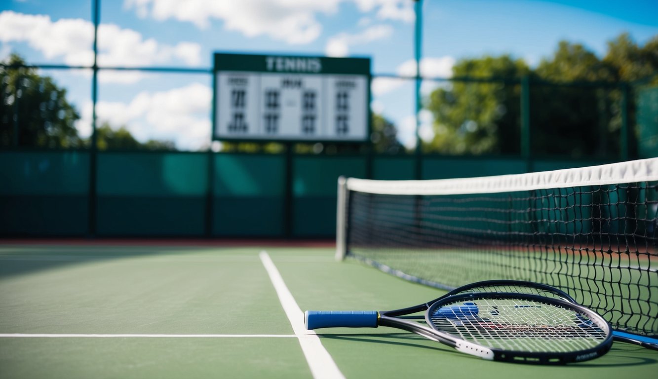 Sebuah lapangan tenis dengan jaring, raket, dan papan skor