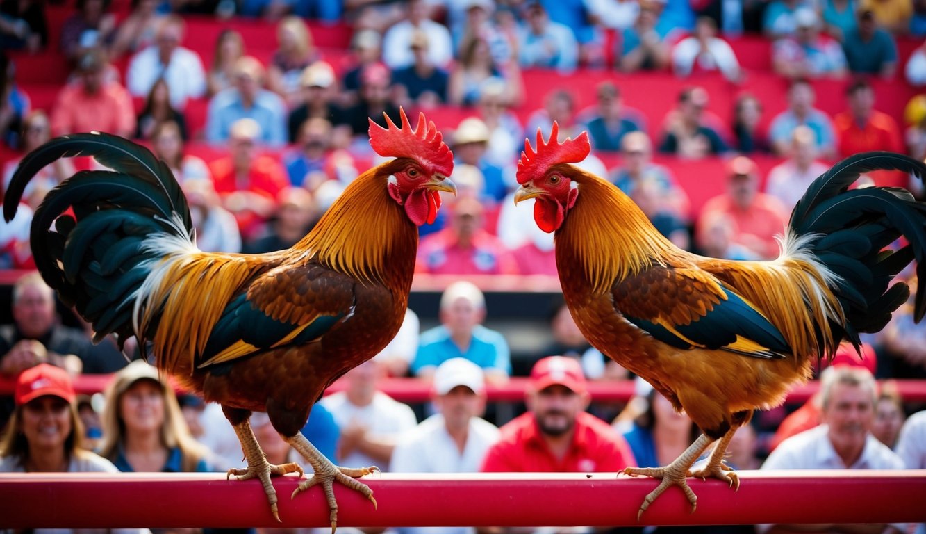 Dua ayam jantan berhadapan di arena yang ramai dan penuh warna dengan penonton yang antusias. Suasana tegang saat burung-burung tersebut bersiap untuk terlibat dalam pertarungan dengan taruhannya tinggi.