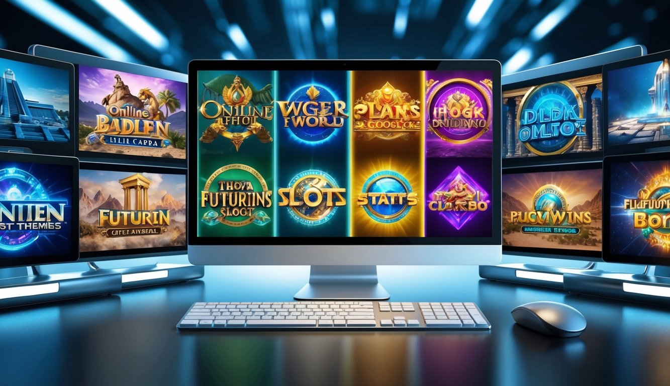 Sebuah rangkaian tema slot online yang berwarna-warni, dari peradaban kuno hingga dunia futuristik, dengan latar belakang teknologi modern yang ramping.