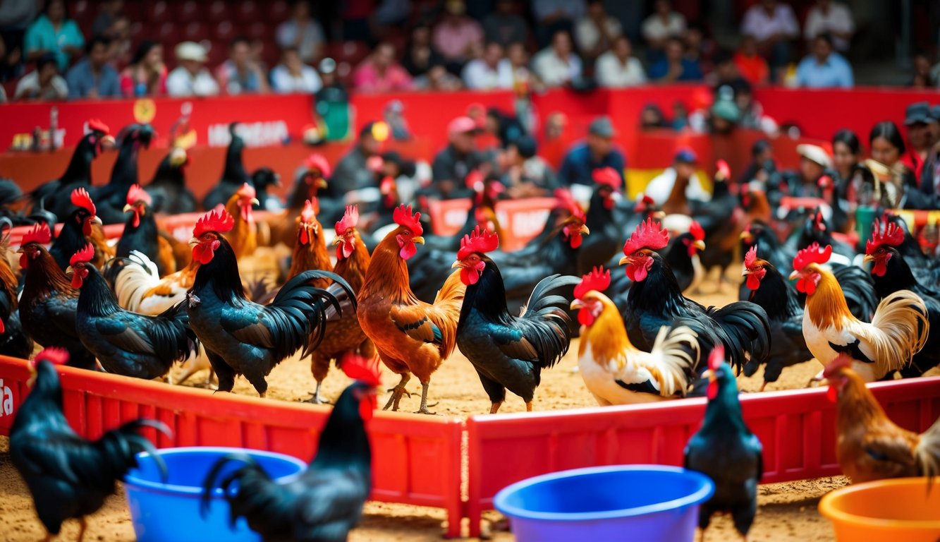 Sebuah arena yang ramai dan penuh warna dengan ayam jantan yang berwarna-warni, dikelilingi oleh penonton yang antusias memasang taruhan pada hasil pertarungan ayam yang intens.