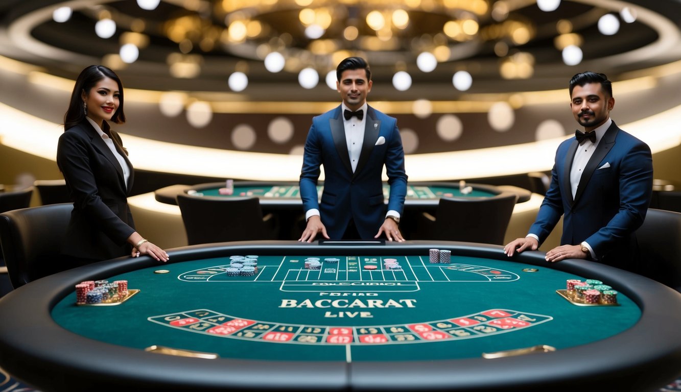 Sebuah meja baccarat yang ramping dan modern dengan dealer langsung profesional, diatur di latar belakang platform online yang canggih