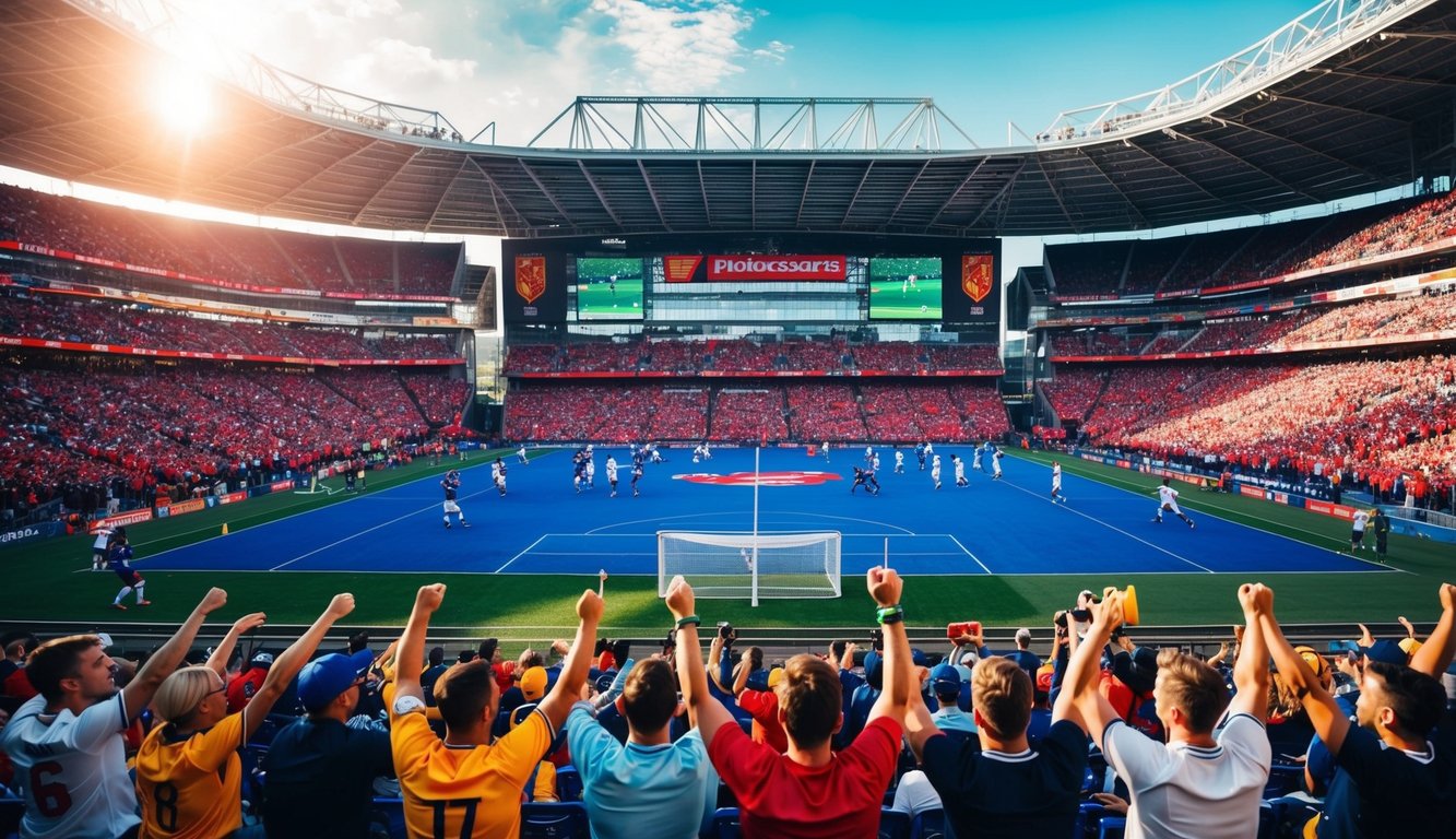 Sebuah stadion olahraga yang meriah dengan penggemar yang bersorak dan pemain yang sedang bertanding