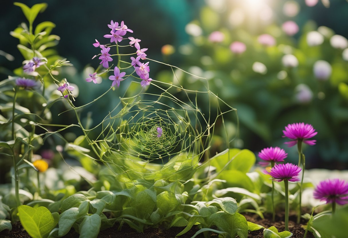 A vibrant garden with intertwining roots and blooming plants, symbolizing the interconnected relationship between inner nutrition and skin health