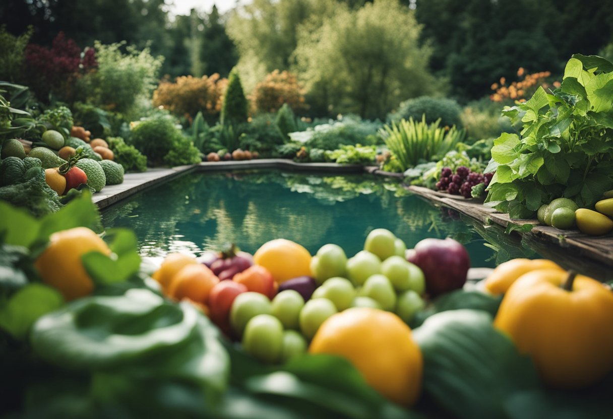 A serene garden with vibrant, nourishing fruits and vegetables growing alongside a tranquil pond, symbolizing the interconnectedness of inner nutrition and skin health