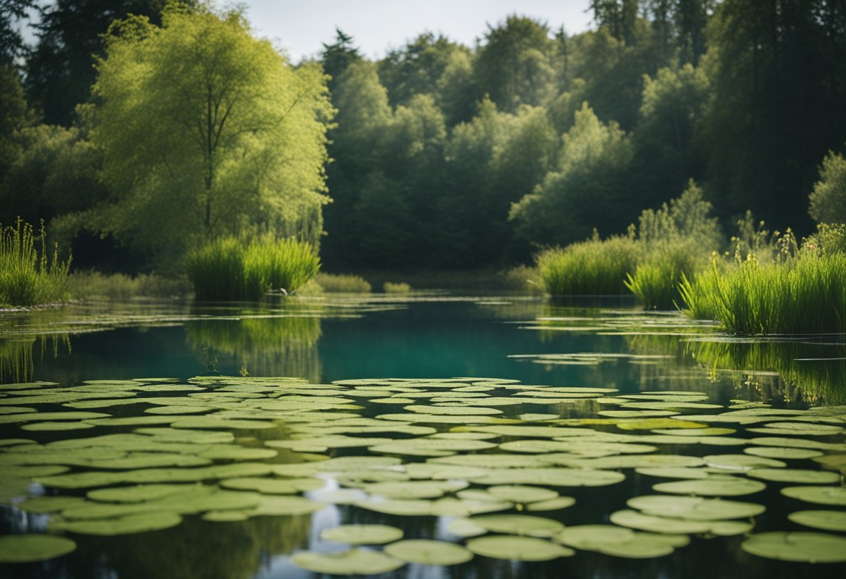 A serene pond with clear water and vibrant aquatic plants. A gentle breeze ripples the surface, showcasing a healthy and algae-free environment