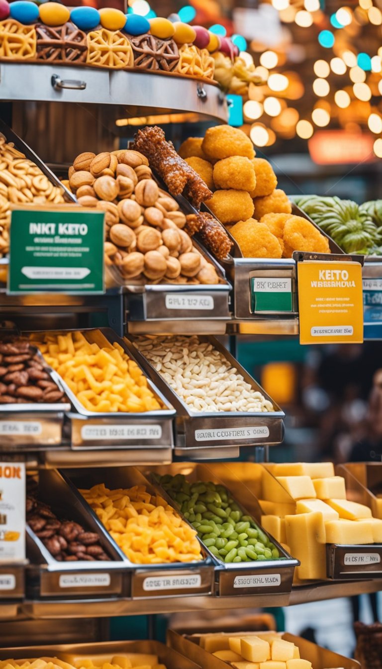 A colorful amusement park scene with keto-friendly snacks such as cheese sticks, nuts, and jerky sold at various food stands