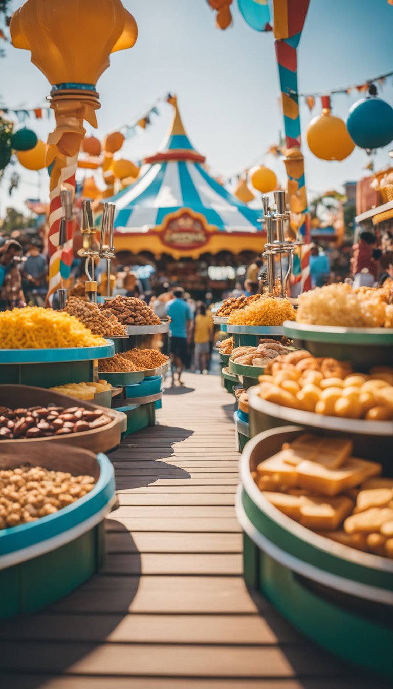 A colorful theme park with various food stands offering keto-friendly snacks such as cheese sticks, nuts, and grilled meats. The rides and attractions create a lively backdrop for the scene