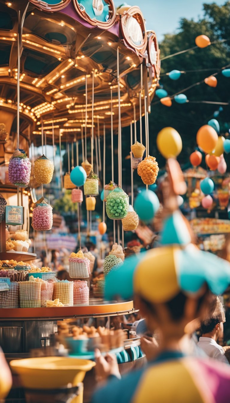 A vibrant amusement park scene with colorful, keto-friendly snack vendors and happy visitors enjoying low-carb treats