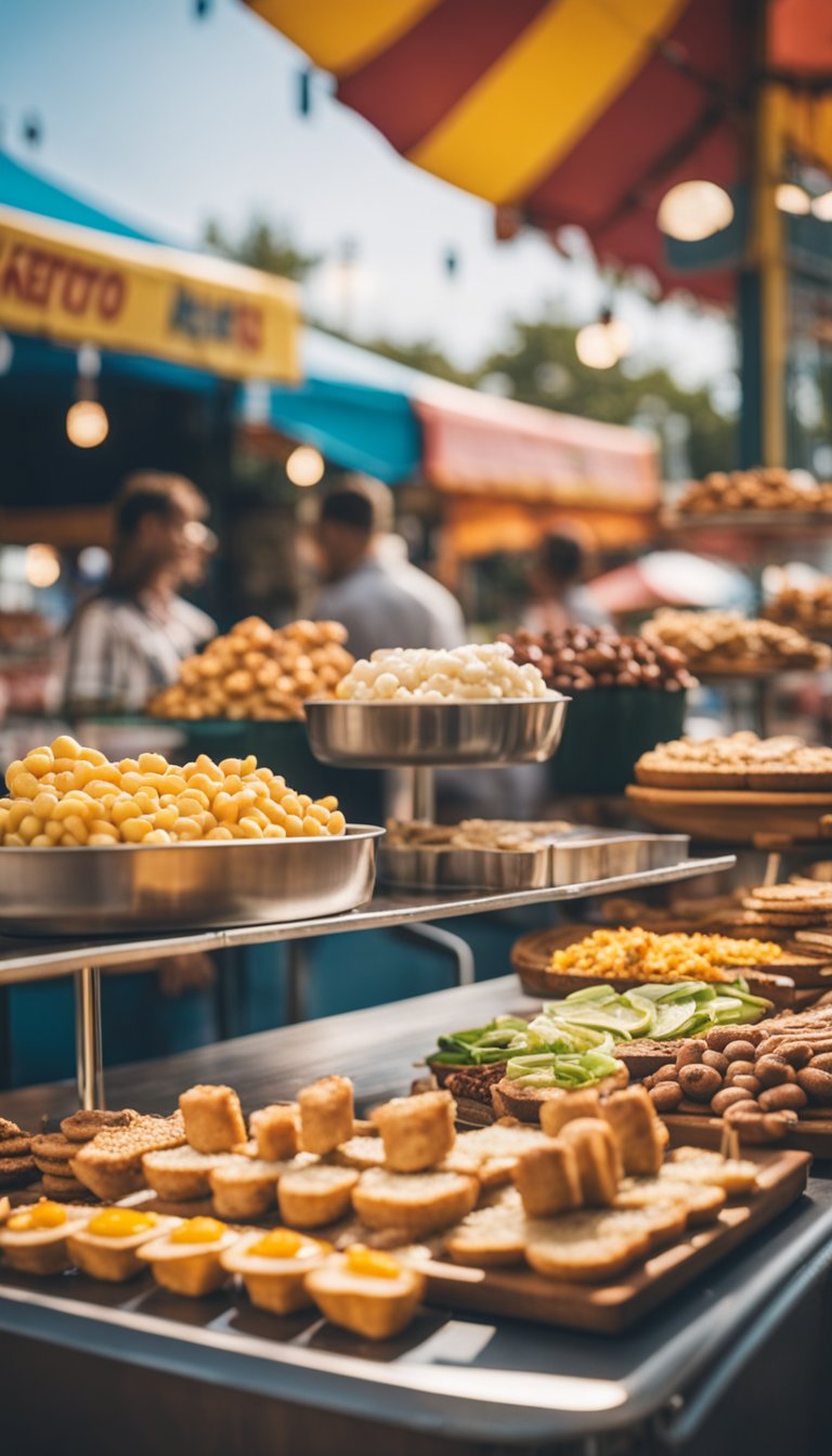 A colorful food stand at an amusement park, displaying a variety of keto-friendly snacks and meals, including nuts, cheese, and meat skewers