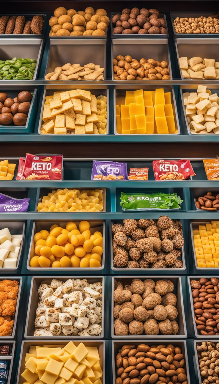 A colorful display of keto-friendly snacks at various Disney locations, including cheese sticks, nuts, and meat skewers