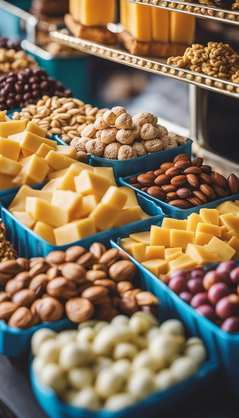 A colorful display of keto-friendly amusement park snacks arranged on a cart, including nuts, cheese, and low-carb treats