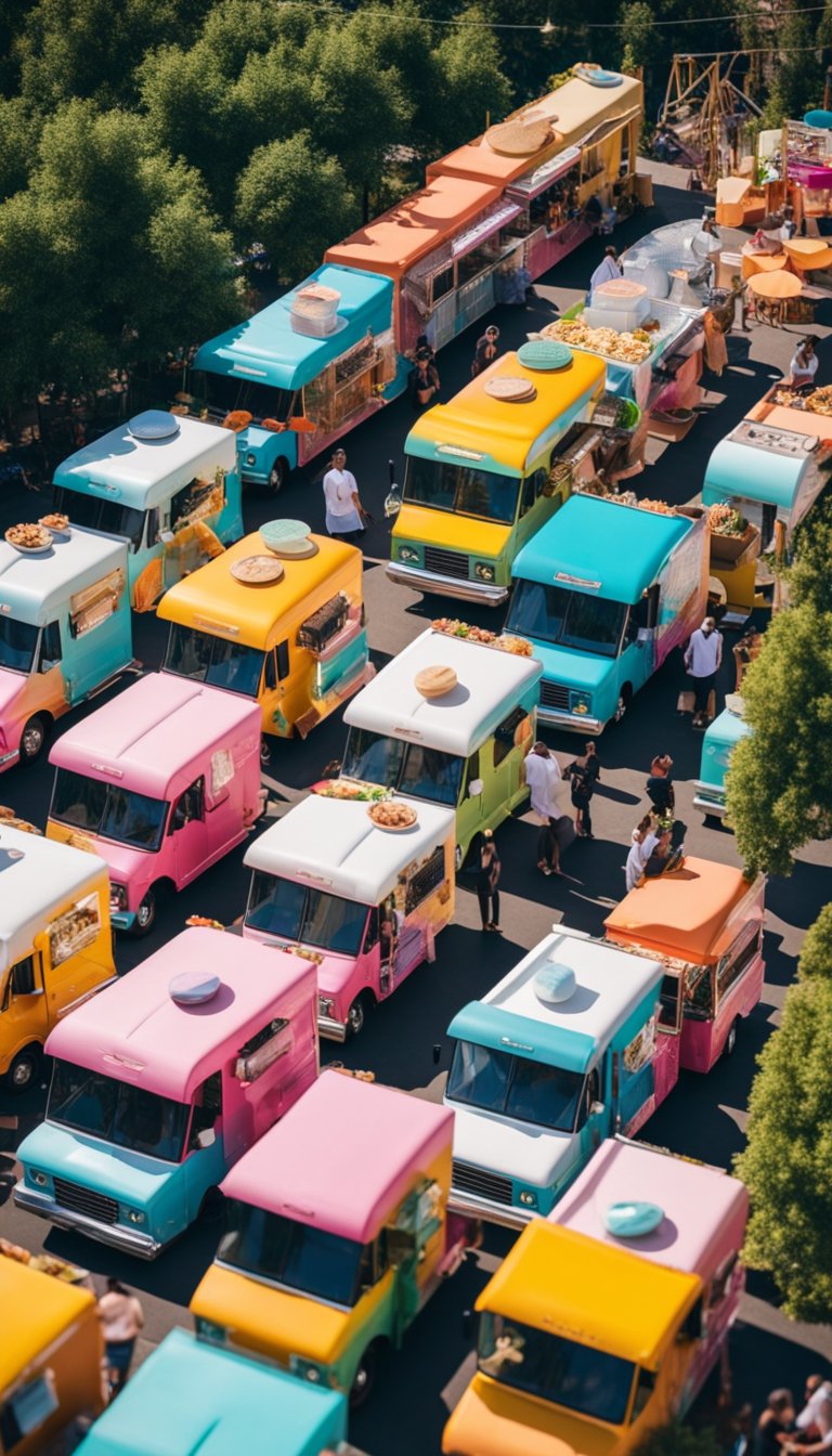 Colorful food trucks line the amusement park, offering a variety of keto-friendly snacks. Families and friends gather around to sample the convenient options