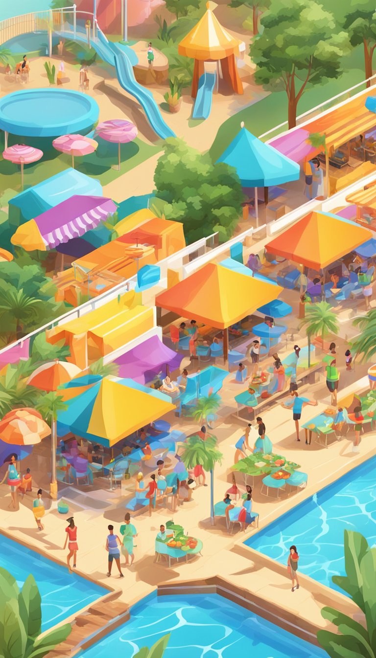 A colorful water park scene with keto-friendly food options such as grilled chicken skewers, fresh salads, and sugar-free smoothies