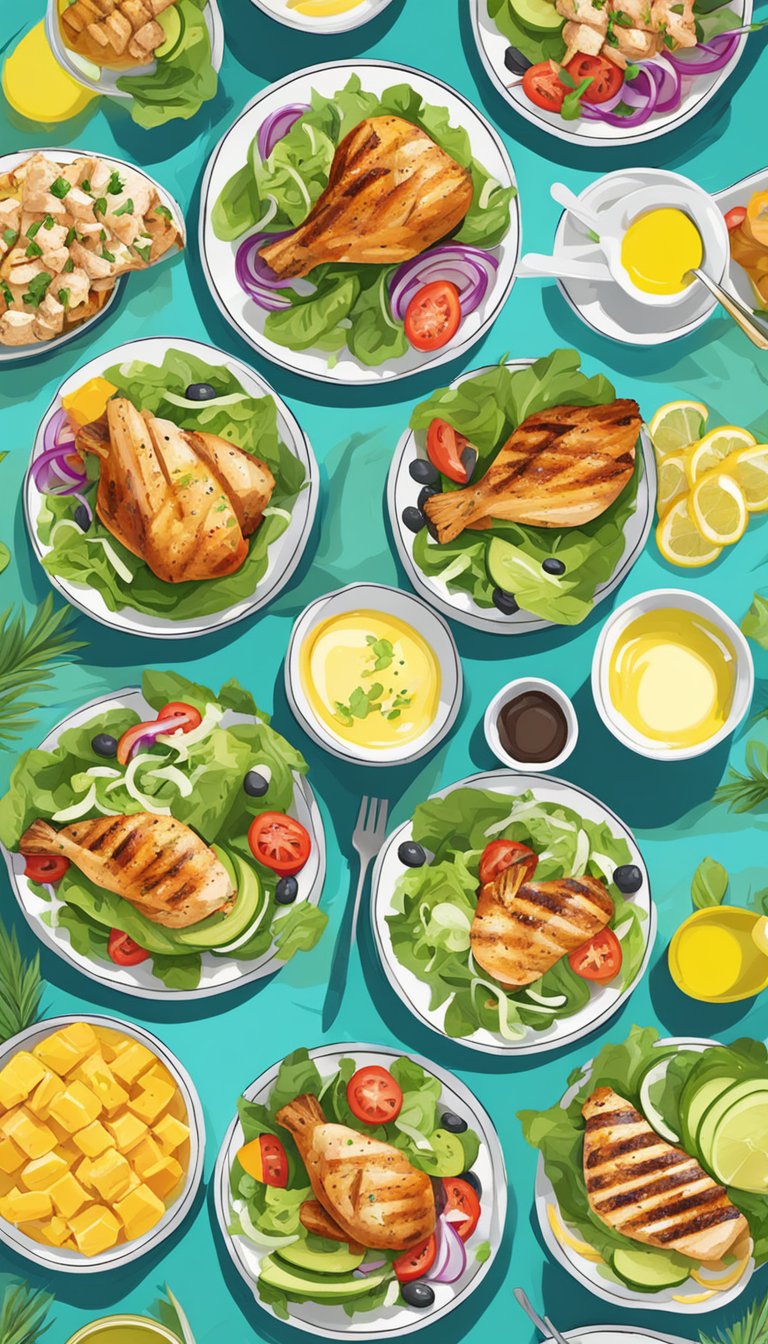 A colorful plate of grilled chicken salad drizzled with olive oil, surrounded by vibrant keto-friendly options at a water park