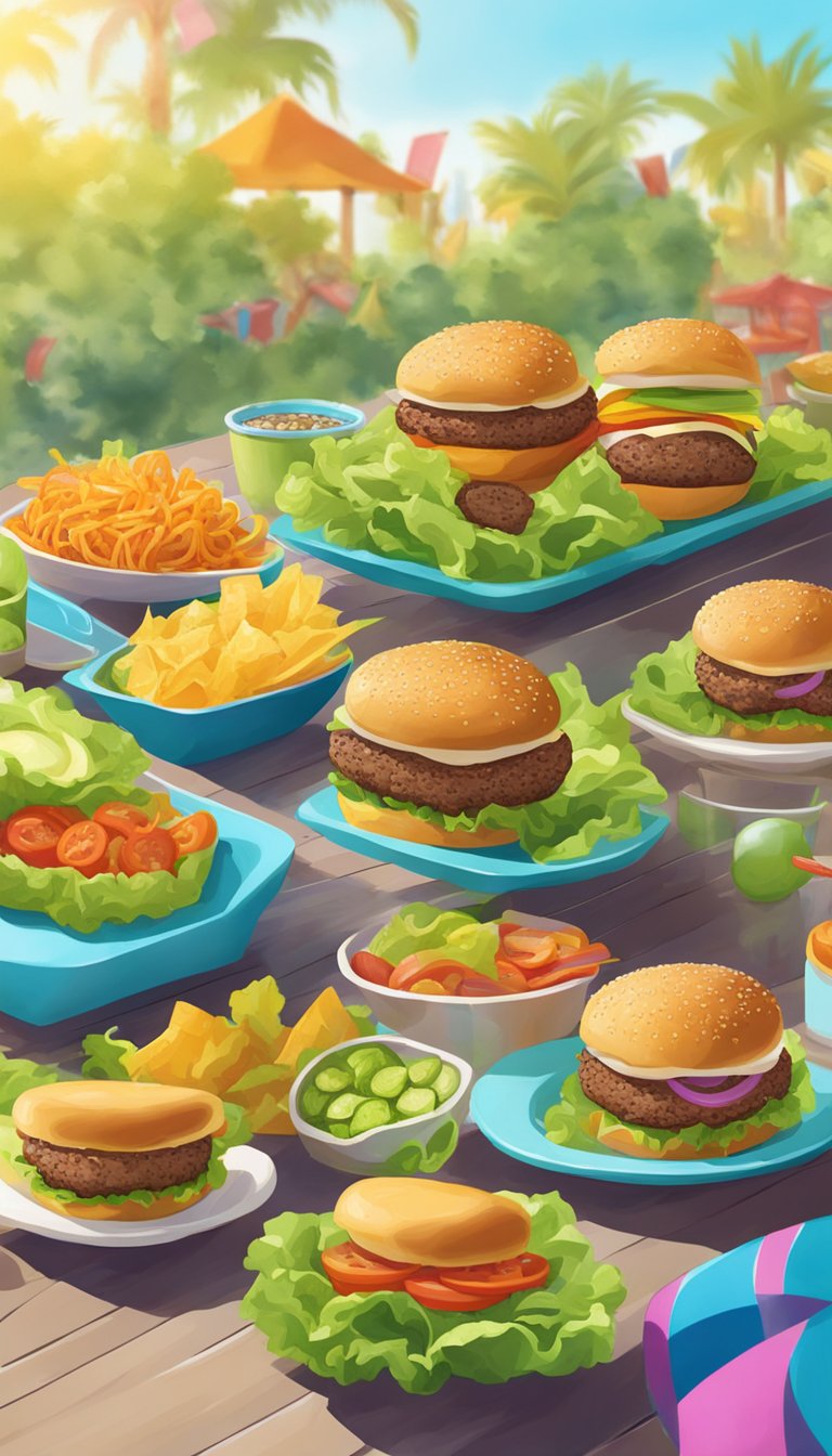 A colorful spread of lettuce-wrapped bunless burgers, surrounded by vibrant keto-friendly water park snacks