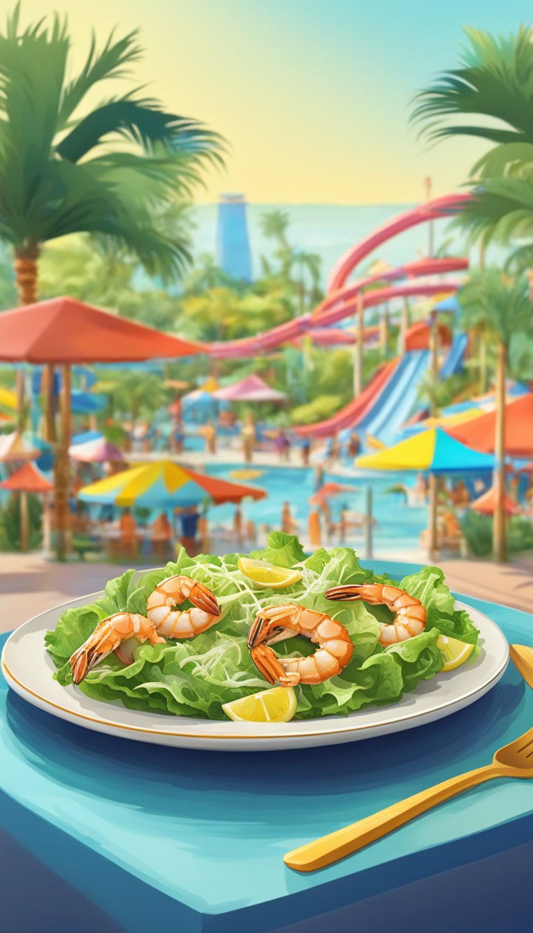 A colorful plate of Caesar salad topped with grilled shrimp, surrounded by a vibrant water park setting