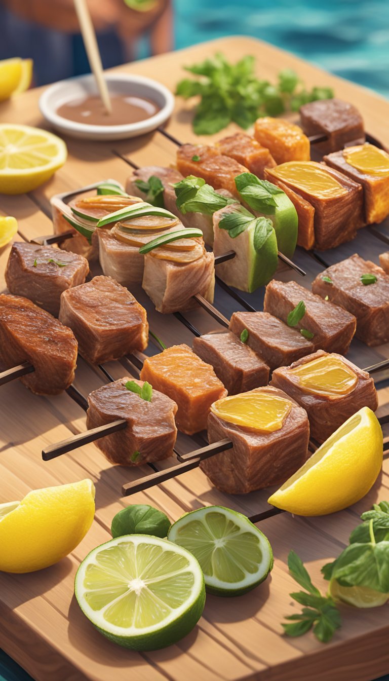 A colorful spread of skewered meats with lemon herb seasoning displayed on a wooden board at a vibrant keto-friendly water park food stand