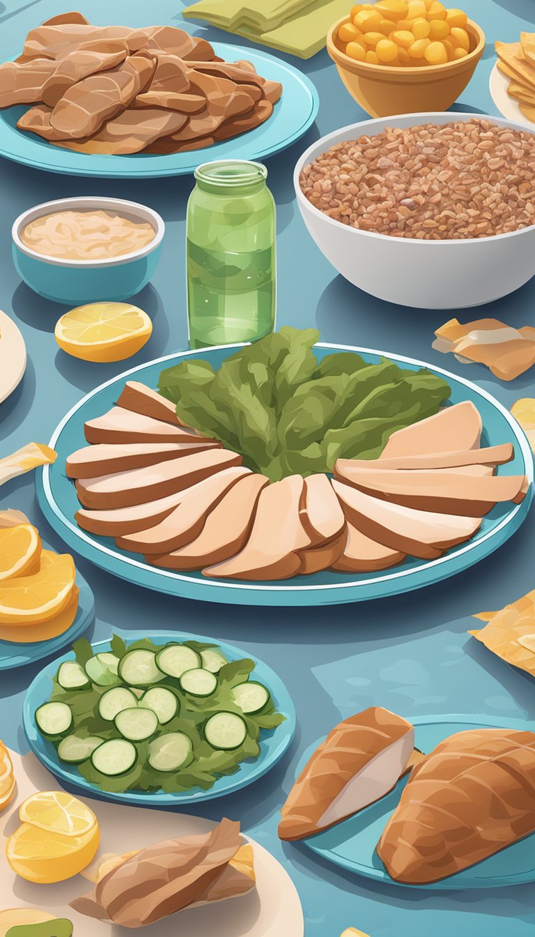 Smoked turkey slices displayed on a plate with keto-friendly water park food options in the background