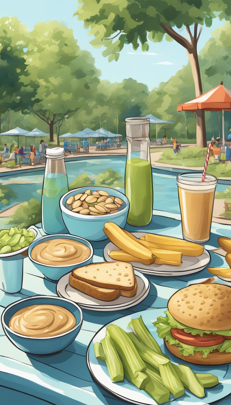 A picnic spread with almond butter and celery sticks by a water park