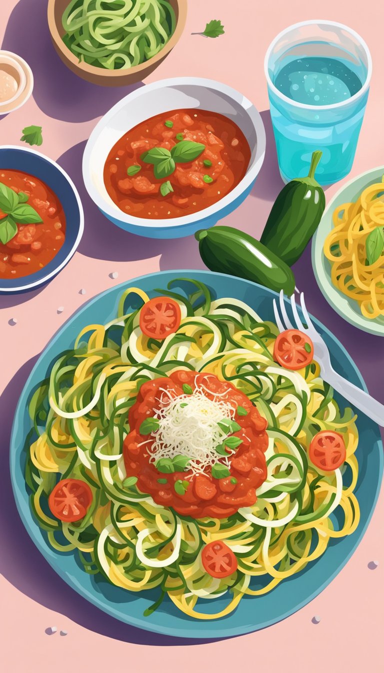 A colorful plate of zucchini noodles topped with marinara sauce, surrounded by vibrant keto-friendly food options at a water park