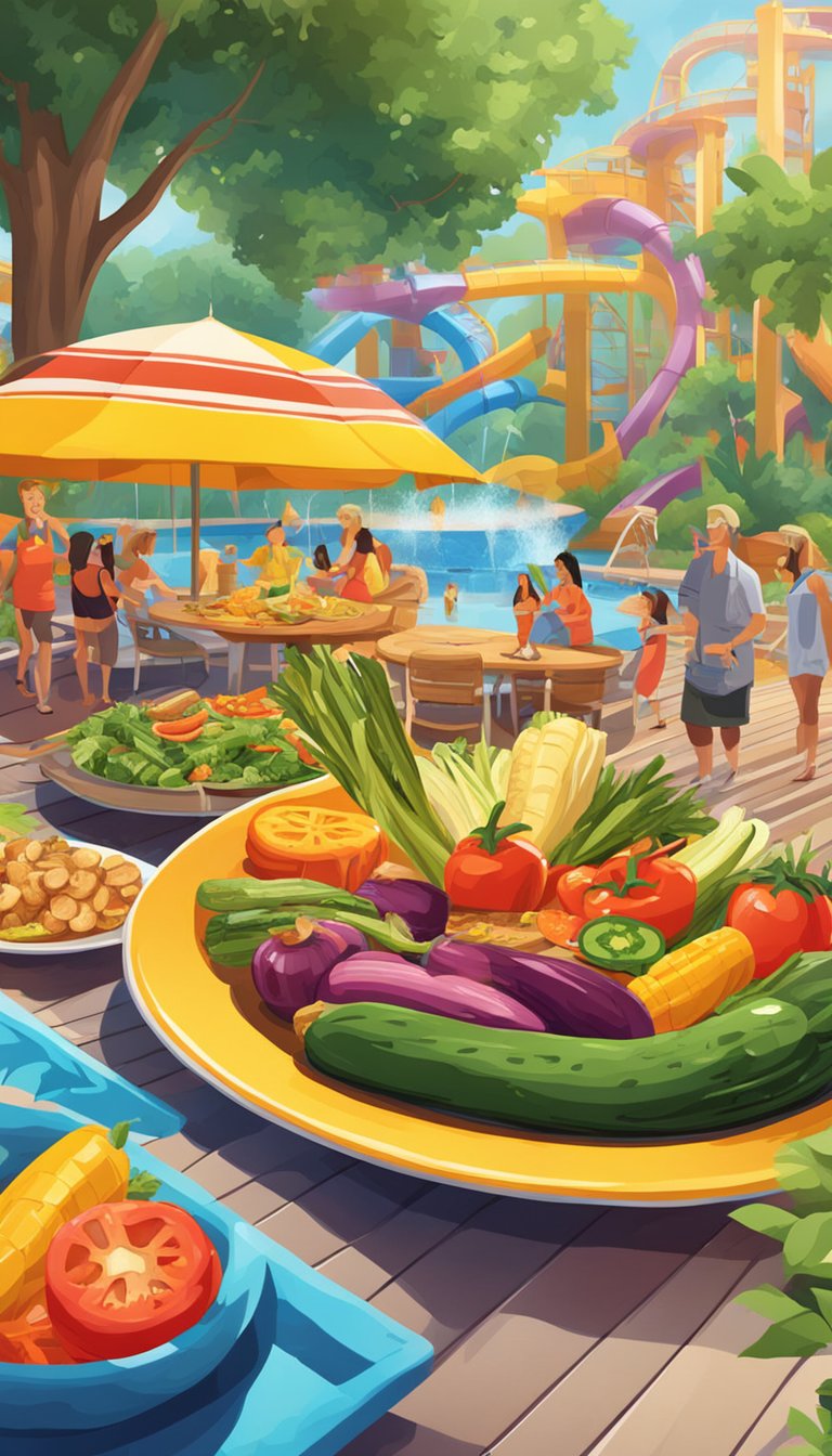 A colorful assortment of grilled vegetables displayed on a vibrant platter, surrounded by the lively atmosphere of a water park