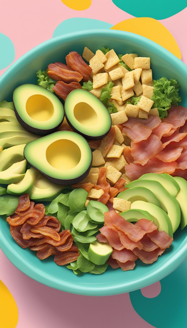 A colorful bowl of avocado and bacon salad surrounded by keto-friendly snacks at a vibrant water park