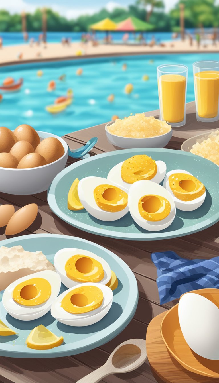 A plate of hard-boiled eggs sprinkled with sea salt sits on a picnic table at a water park. Surrounding the eggs are various keto-friendly food options