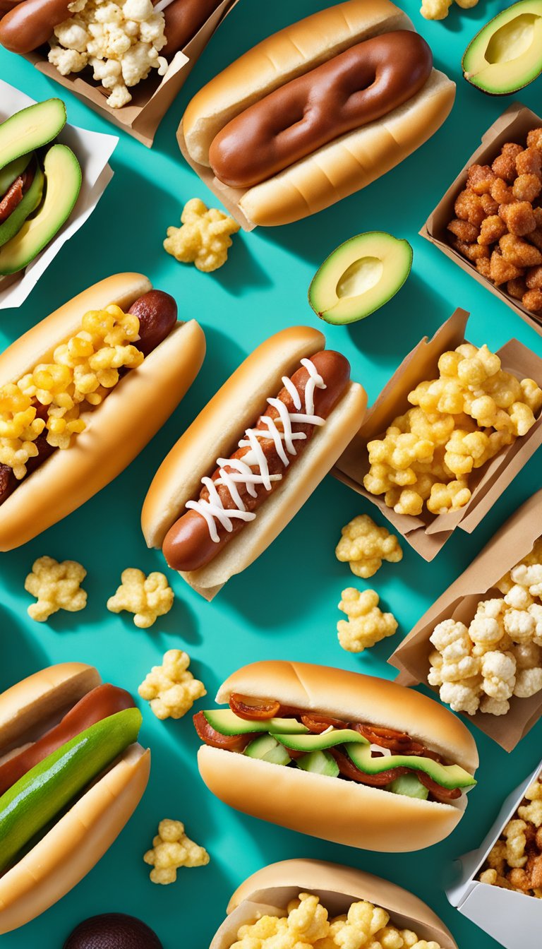 A colorful array of keto-friendly concession alternatives, including bacon-wrapped hot dogs, avocado fries, and cauliflower popcorn, displayed on a vibrant food cart