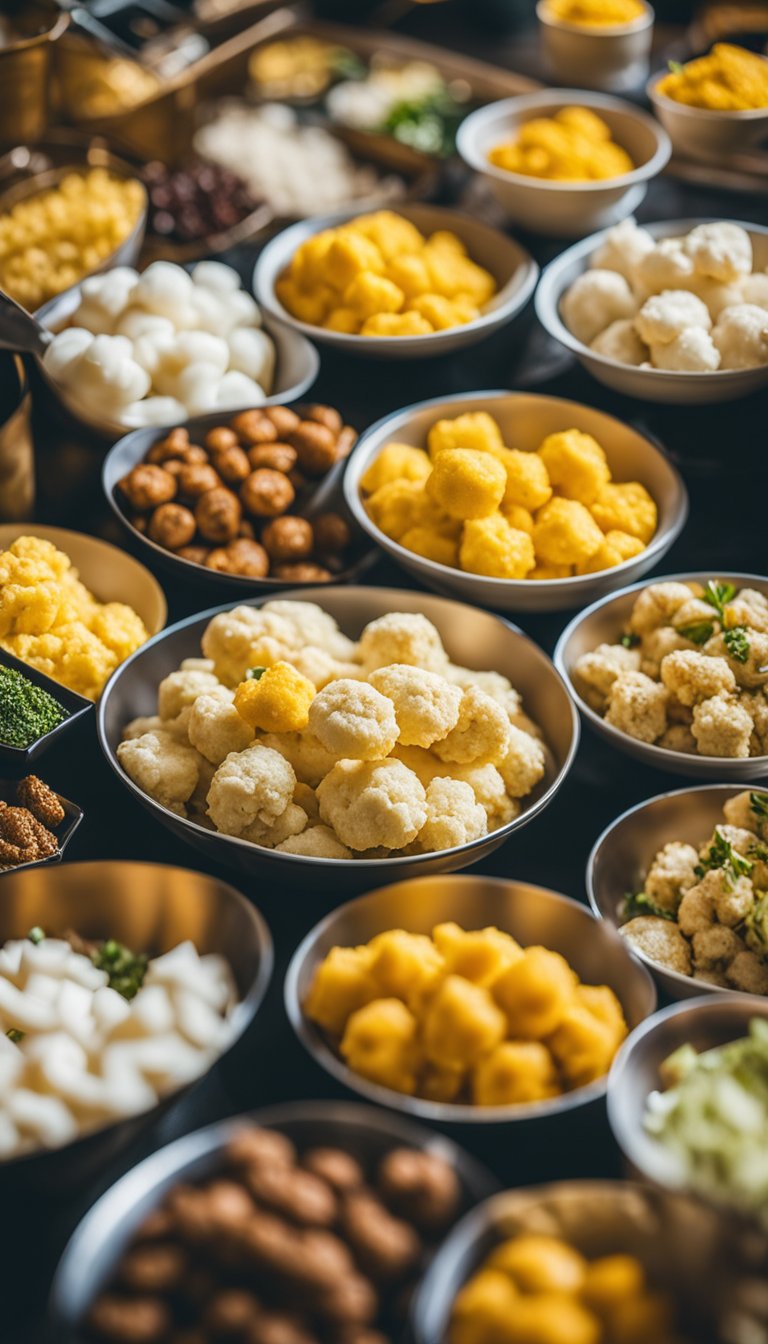 A platter of golden-brown mashed cauliflower bites surrounded by colorful keto-friendly concession alternatives at a zoo food stand