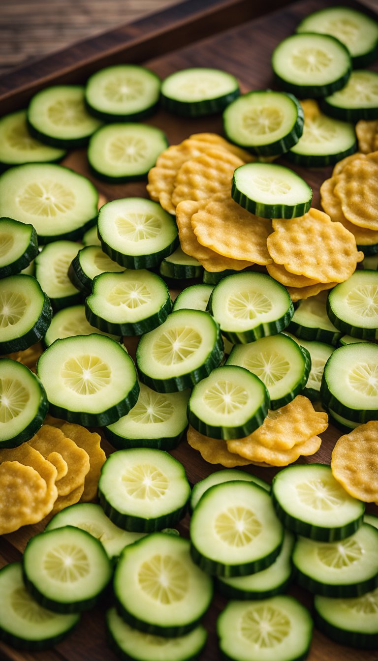 A colorful display of zucchini chips arranged on a wooden board at a keto zoo concession stand