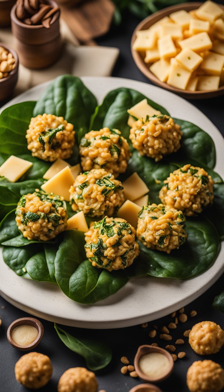 A platter of golden spinach and cheese balls, surrounded by keto-friendly concession snacks