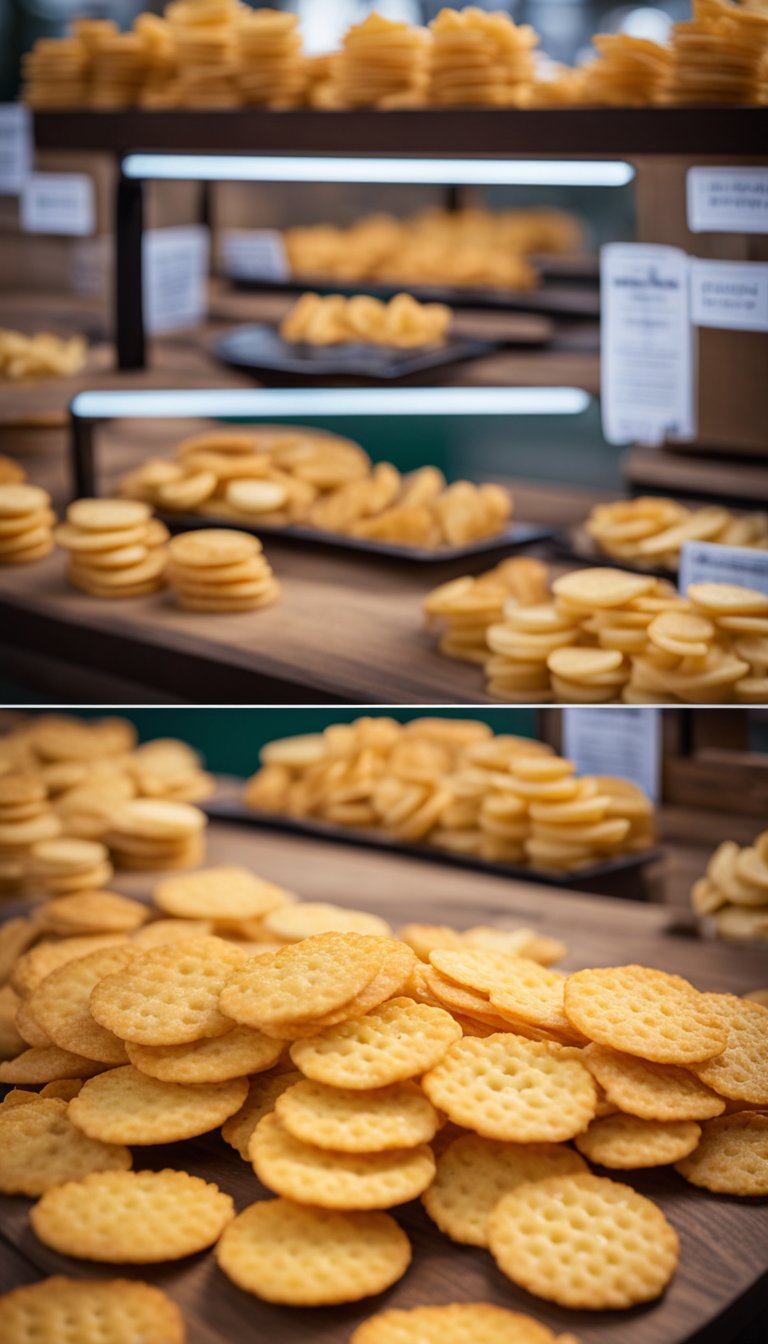 A colorful display of baked cheese crisps arranged on a wooden board at a zoo concession stand